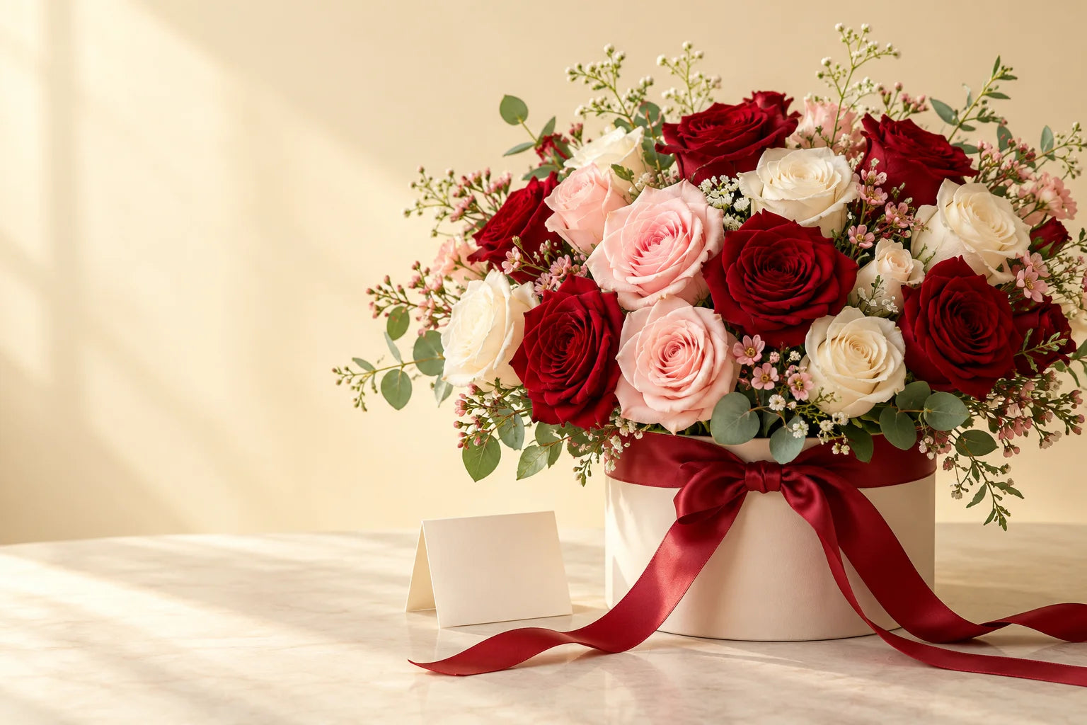 Red, blush and ivory roses in a cream gift box with a red ribbon